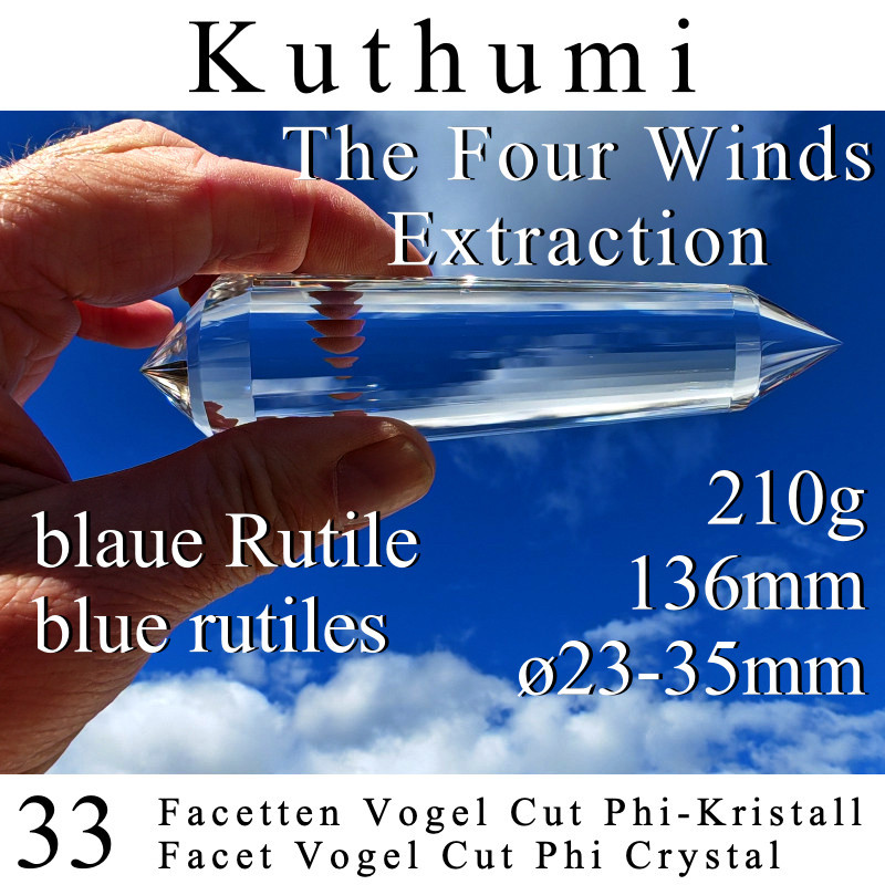 Kuthumi 33 Facet Vogel Cut Phi Crystal with blue rutile