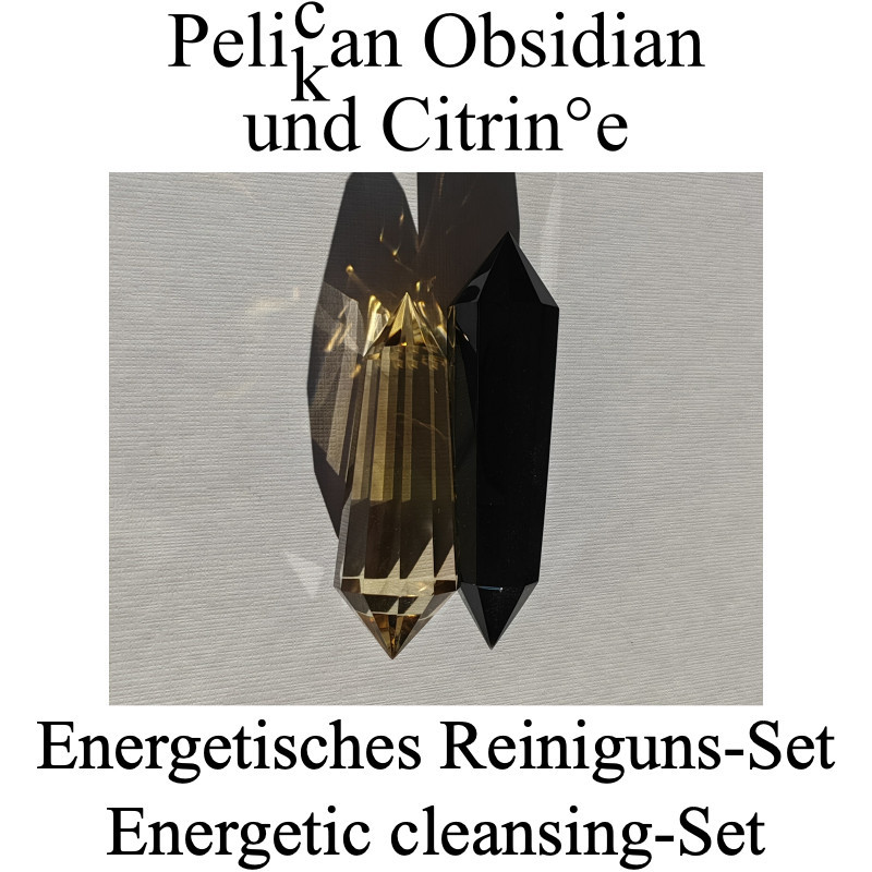 Energetisches Reiniguns-Set. Pelikan Obsidian und Citrin 12 Facetten Vogel Cut Phi-Kristalle