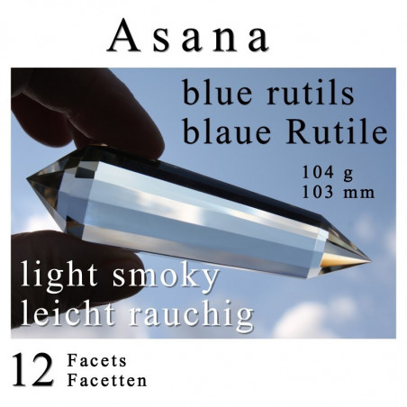 Asana Phi-Kristall mit blauen Rutilen - Rauchquarz