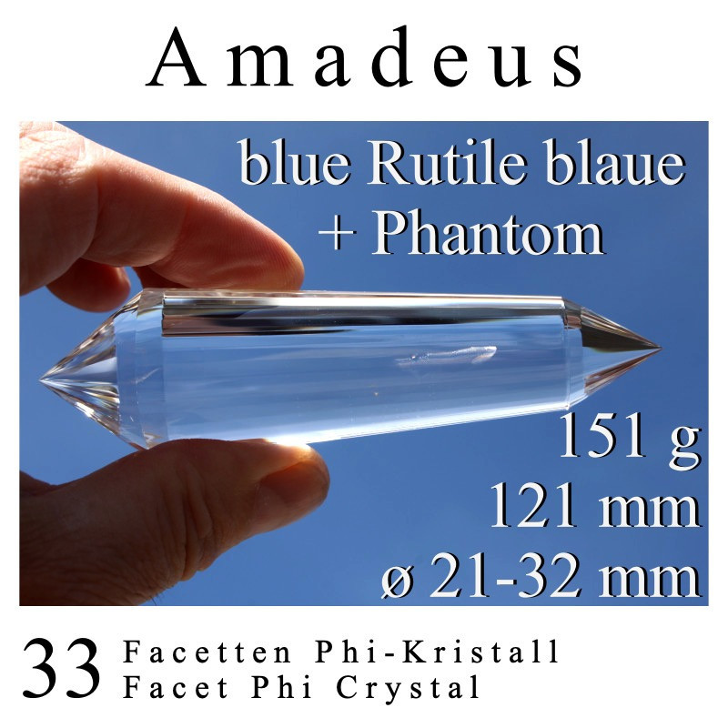Amadeus 33 Facetten Phi-Kristall mit Phantom und blauen Rutilen