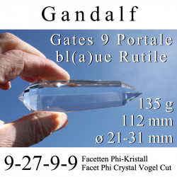 Gandalf 9 Gate Dream Phi Crystal with 9-27-9-9 Facets blue Rutile Vogel Cut