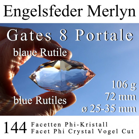 Engelsfeder Merlyn 144 Facetten Phi-Kristall mit blauen Rutilen Vogel Cut