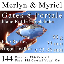 Merlyn & Myriel 144 Facetten Phi-Kristall mit blauen Rutilen (Engelsfeder) Vogel Cut