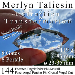 Merlyn Taliesin 144 Facet Phi Crystal with Blue Rutiles (Angel Feather) Vogel Cut