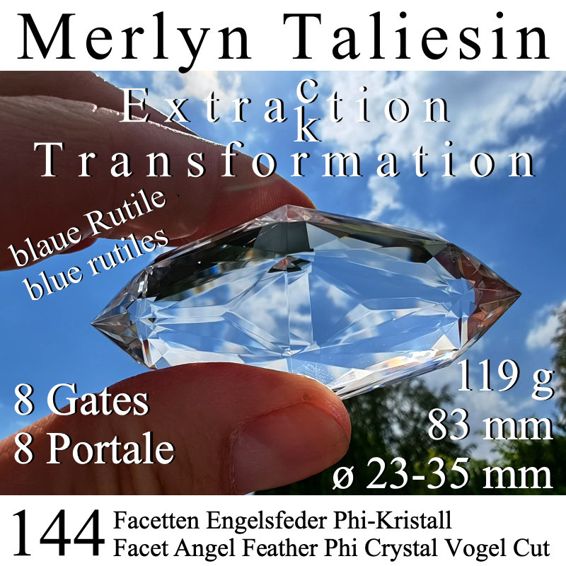 Merlyn Taliesin 144 Facetten Phi-Kristall mit blauen Rutilen (Engelsfeder) Vogel Cut