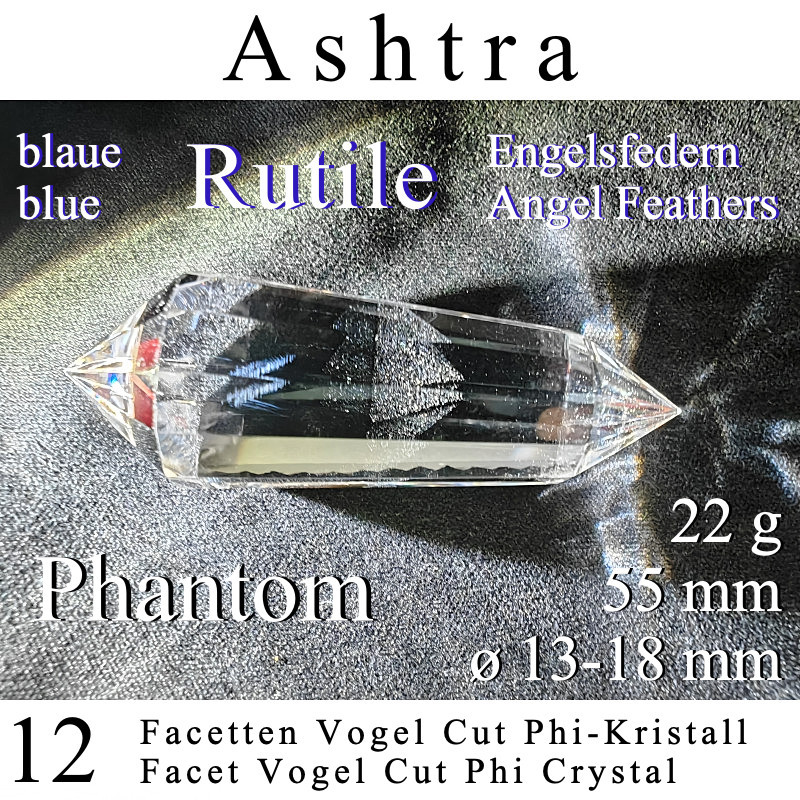 Ashtra Engelsfeder 12 Facetten Vogel Cut Phi-Kristall mit blauen Rutilen und Phantom