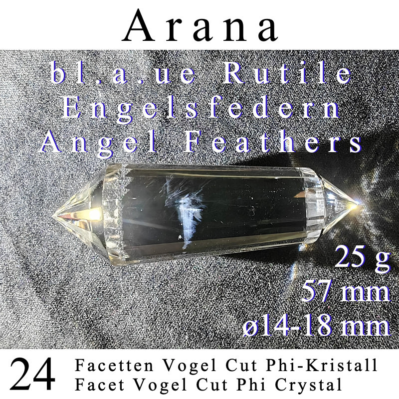 Arana Engelsfeder 24 Facetten Vogel Cut Phi-Kristall mit blauen Rutilen