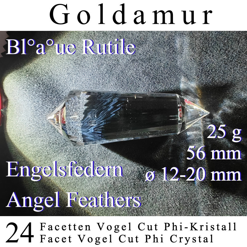 Goldamur Engelsfeder 24 Facetten Vogel Cut Phi-Kristall mit blauen Rutilen