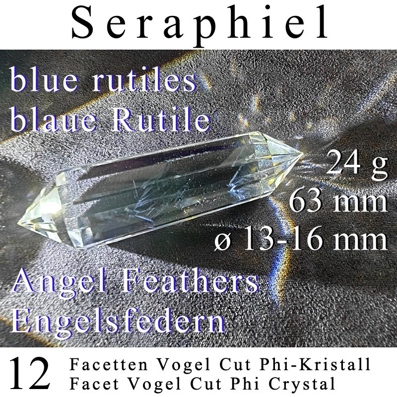 Seraphiel Engelsfeder 12 Facetten Vogel Cut Phi-Kristall mit blauen Rutilen