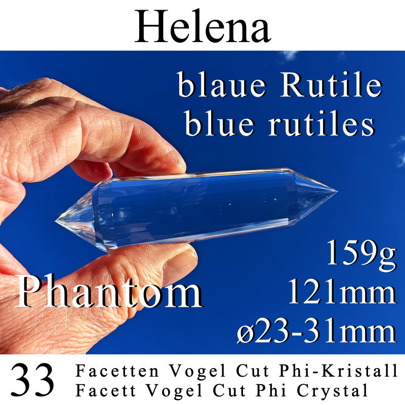 Helena 33 Facetten Vogel Cut Phi-Kristall mit Phantom und blauen Rutilen